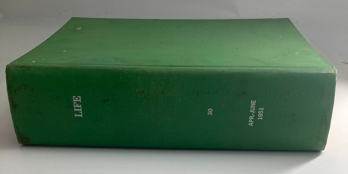 VTG 1951 Bound Life Magazine April - June Complete Weekly Issue, showcasing the green cover of the bound magazine volume with title 'LIFE' and publication dates.