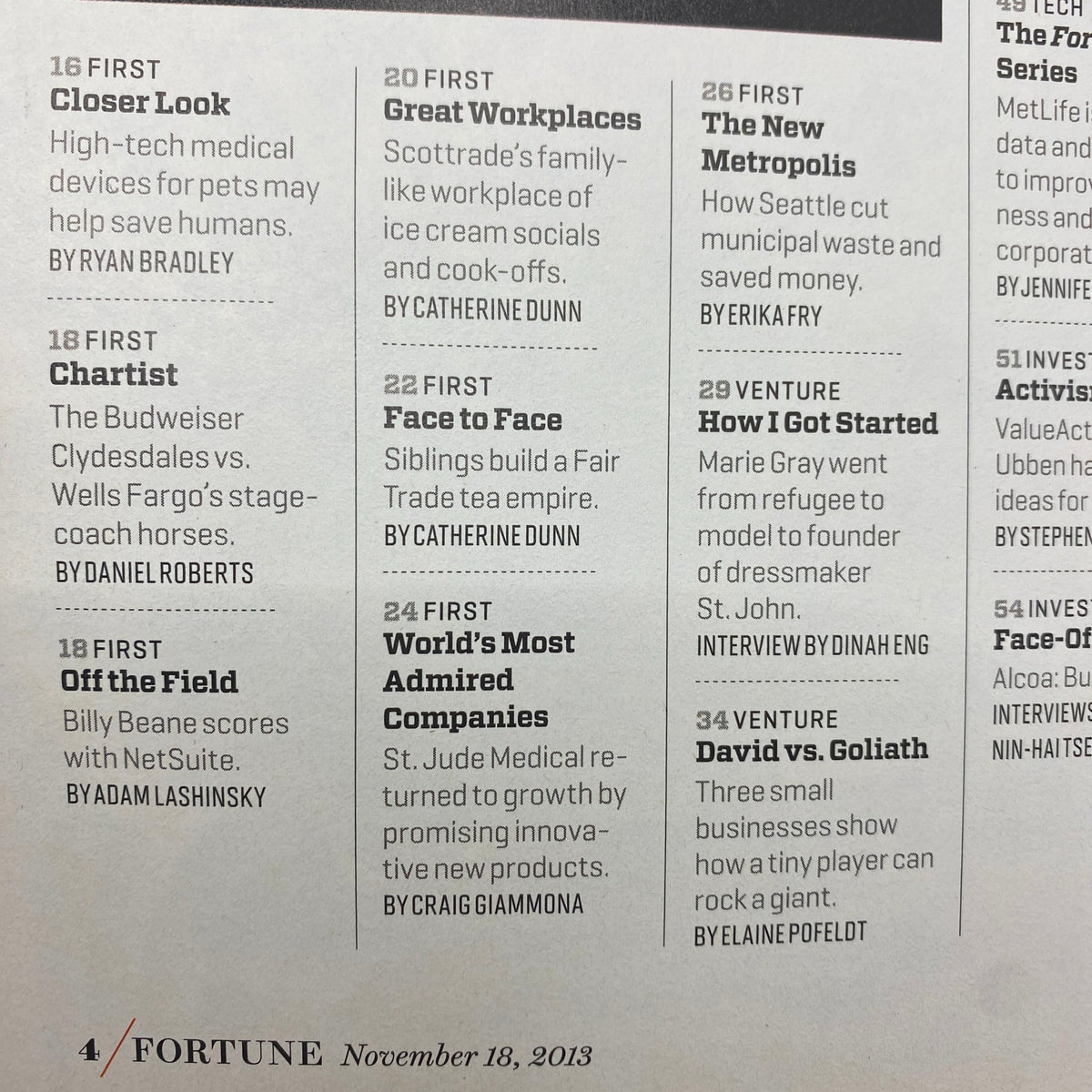 Interior page from Fortune Magazine November 18, 2013, displaying article titles such as 'Closer Look', 'Great Workplaces', and 'World's Most Admired Companies'.