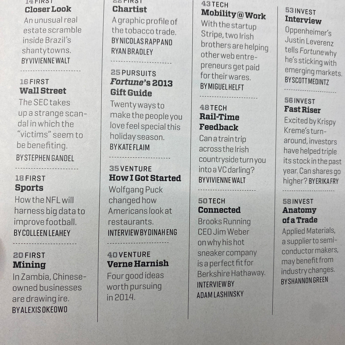 Interior page from Fortune Magazine December 9, 2013, showcasing articles including a feature on sports and technology.