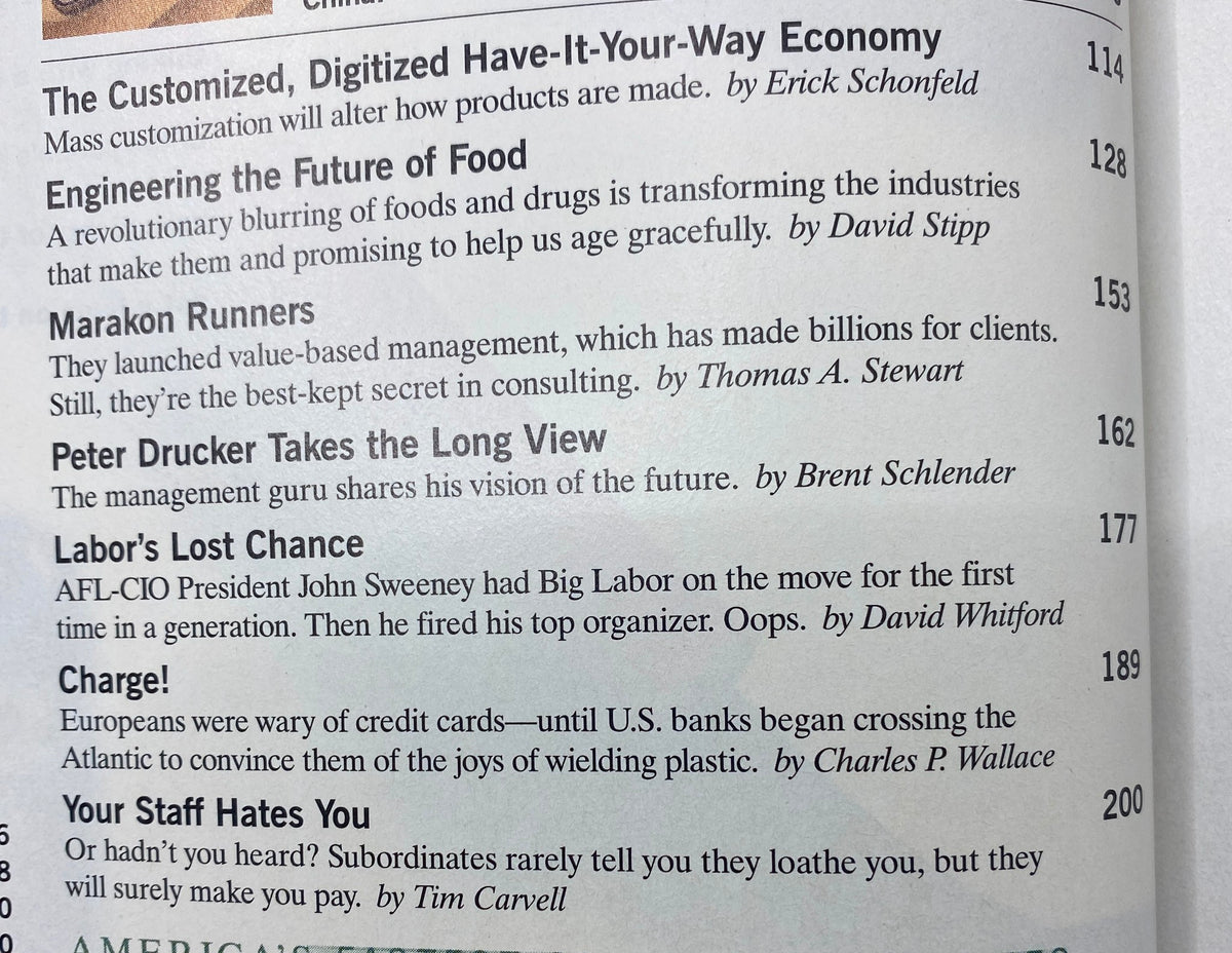 Table of contents page from Fortune Magazine, September 28, 1998, listing featured articles like 'The Customized, Digitized Have-It-Your-Way Economy' and 'Engineering the Future of Food'.