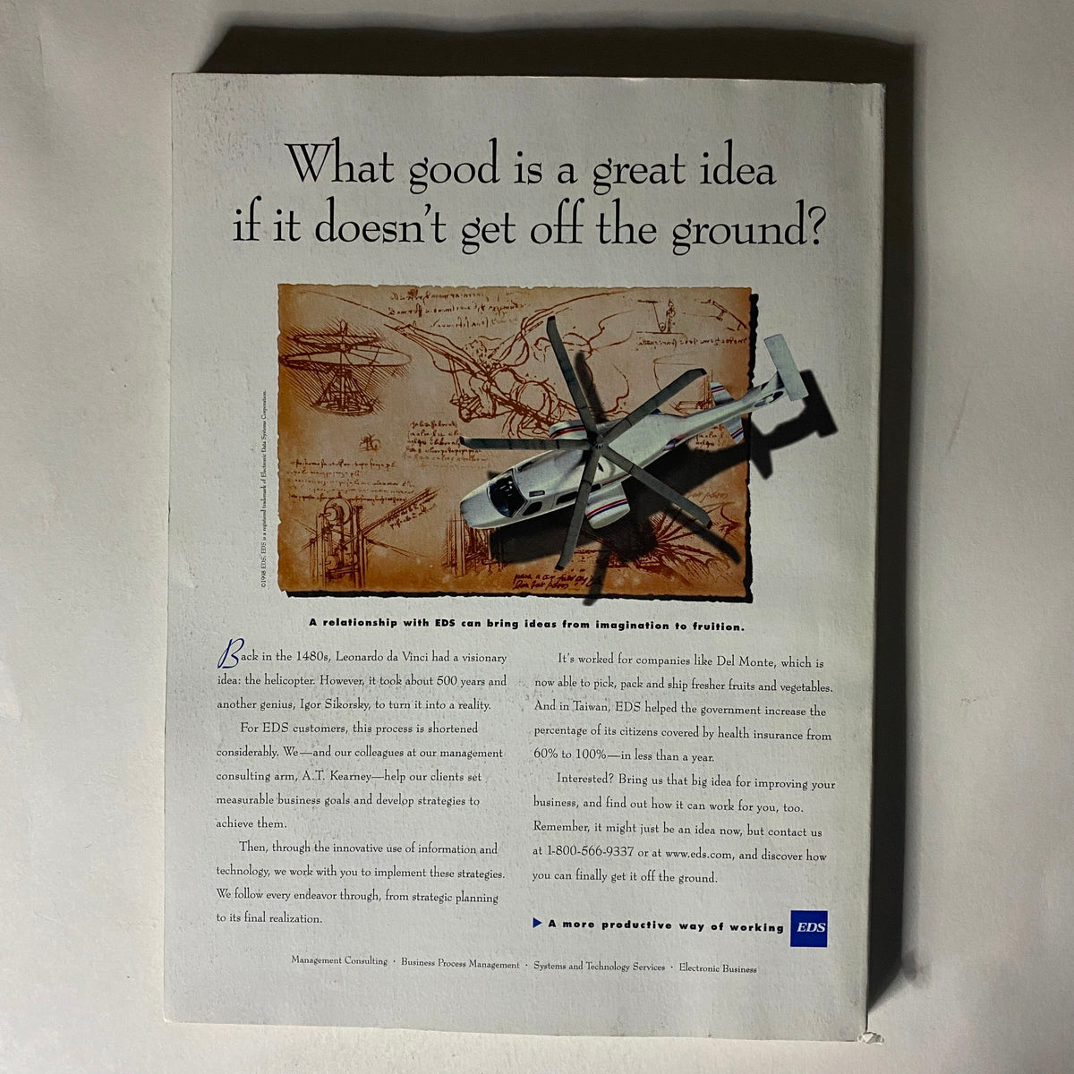 Back cover of Fortune Magazine, September 28, 1998, advertising a business consulting service with the slogan about great ideas and getting off the ground.