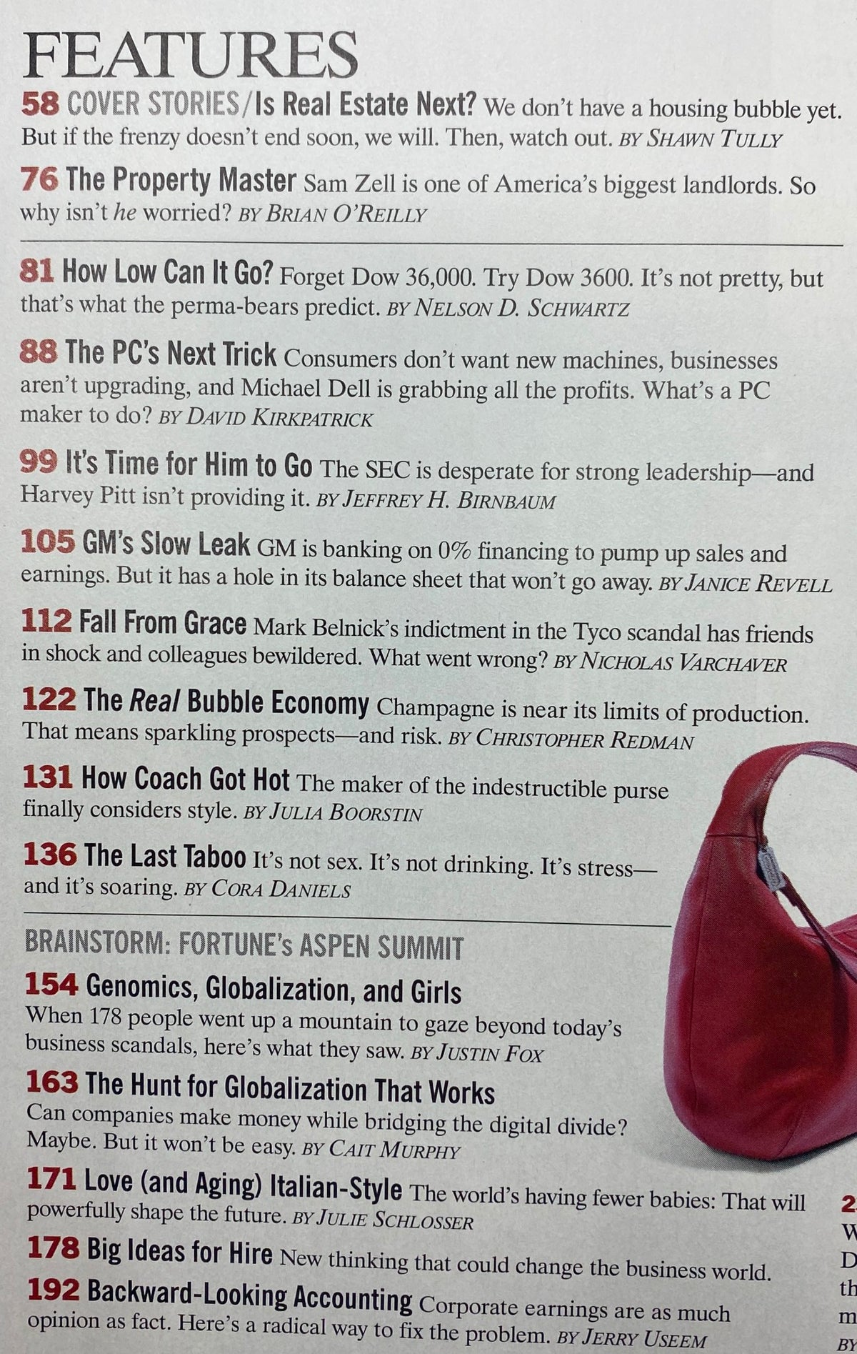 Interior page of Fortune Magazine from October 28, 2002 showcasing article features including 'The Property Master: Sam Zell,' emphasizing key topics on real estate and economic insights.