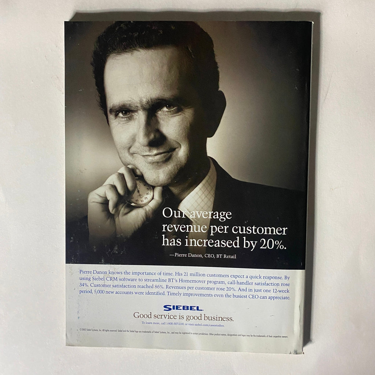 Back cover of Fortune Magazine, June 10, 2002, featuring an advertisement for Siebel Systems, emphasizing customer revenue growth and good service.