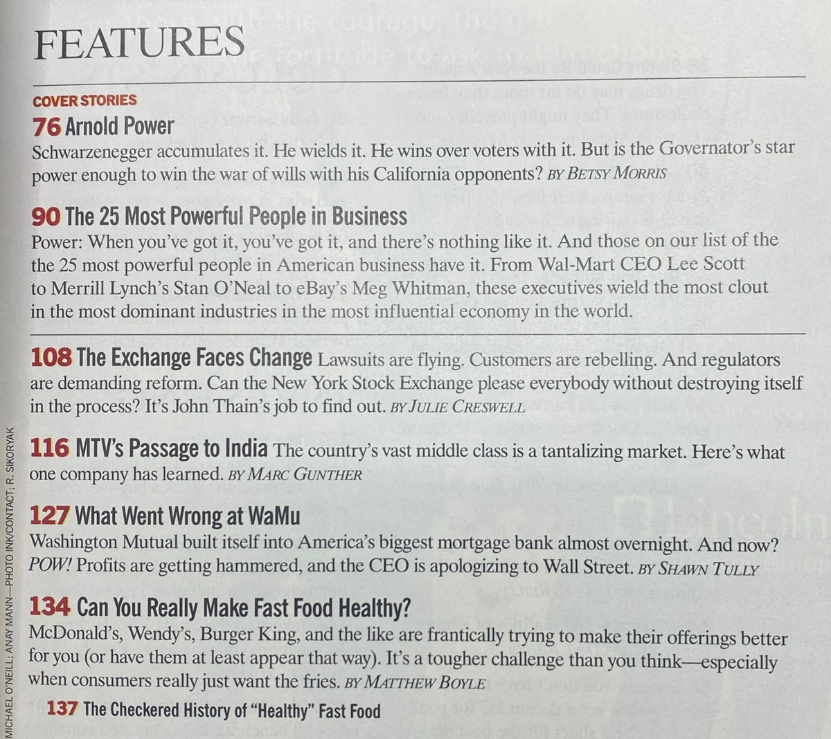 Features page from Fortune Magazine August 9, 2004, detailing cover stories including Arnold Schwarzenegger's political impact and the 25 most powerful people in business.