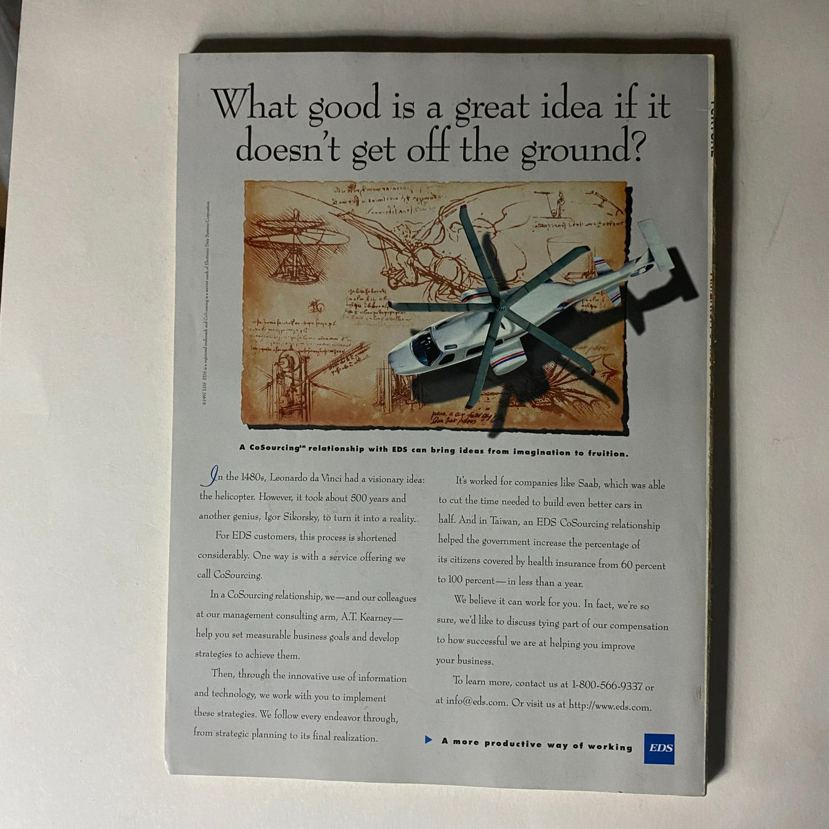 Back cover of Fortune Magazine dated March 3, 1997, featuring a helicopter illustration and an advertisement for EDS services, emphasizing the importance of bringing innovative ideas to fruition through collaboration.