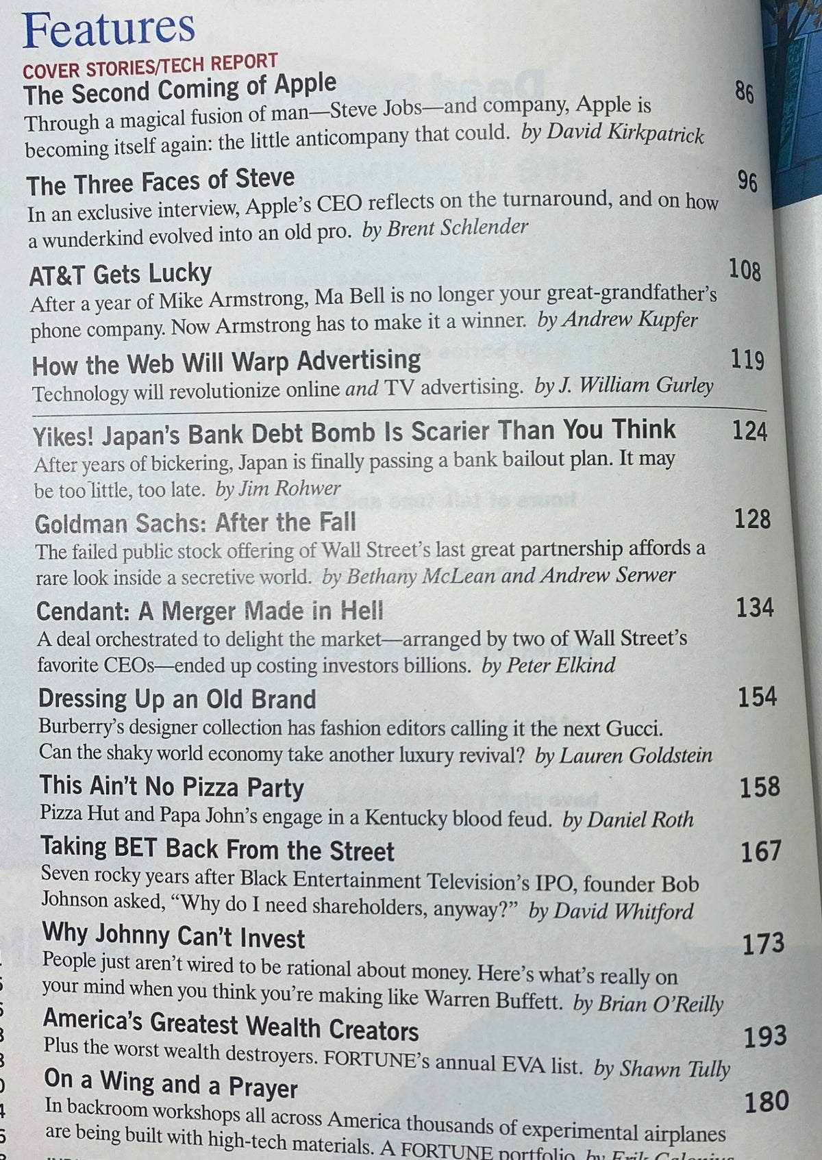 Table of contents of Fortune Magazine November 9, 1998, highlighting articles including 'The Second Coming of Apple' and 'The Three Faces of Steve,' showcasing technological insights.