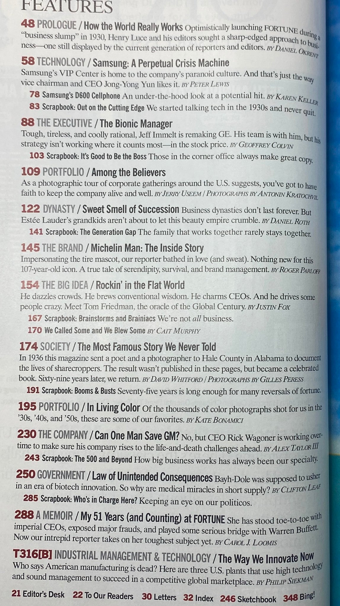 Table of contents of Fortune Magazine September 19, 2005 75th Anniversary Special Issue, listing key articles including topics on technology, business portraits, and the magazine's legacy.