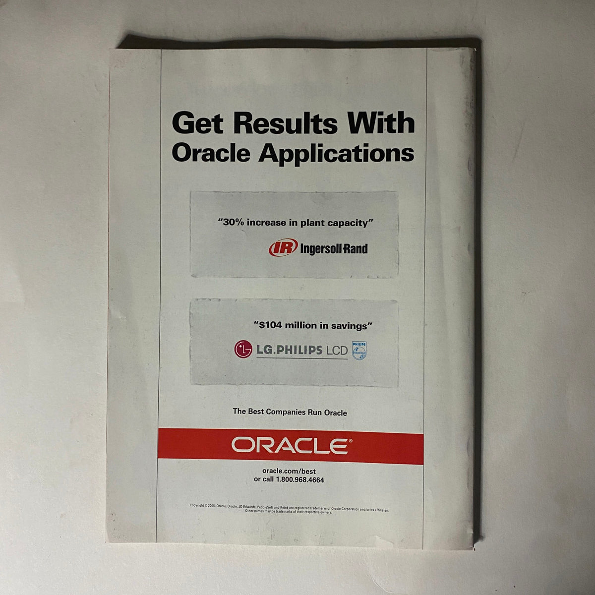 Advertisement page from Fortune Magazine August 8, 2005, featuring Oracle applications with a focus on success stories including Ingersoll Rand and LG Philips. This vintage magazine highlights Yahoo! and the future of advertising in the context of the tech industry's evolution.