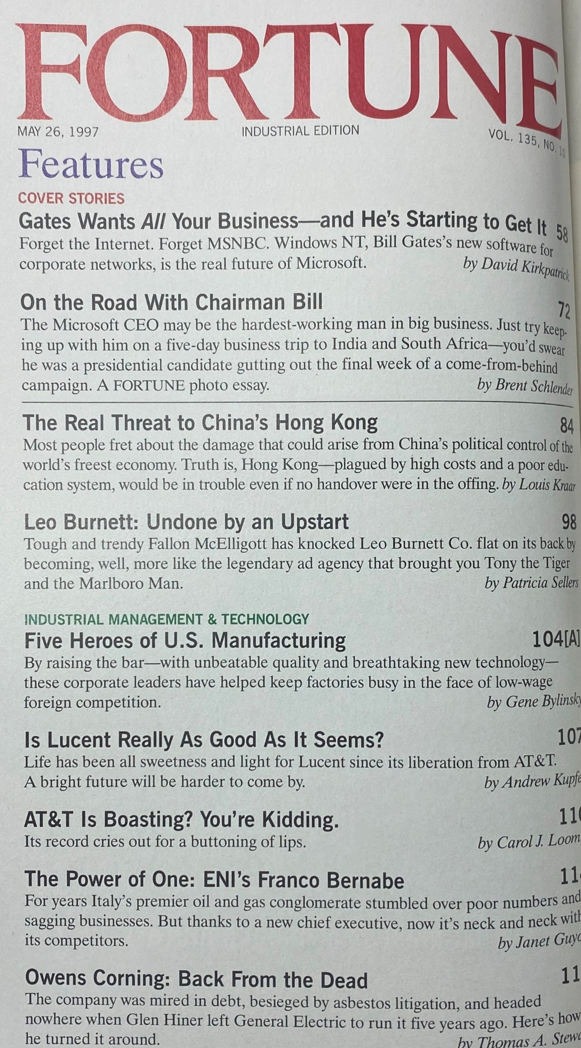 Contents page of Fortune Magazine May 26, 1997 displaying features including 'Gates Wants All Your Business' and 'On the Road With Chairman Bill', emphasizing key articles about Bill Gates and the corporate landscape.