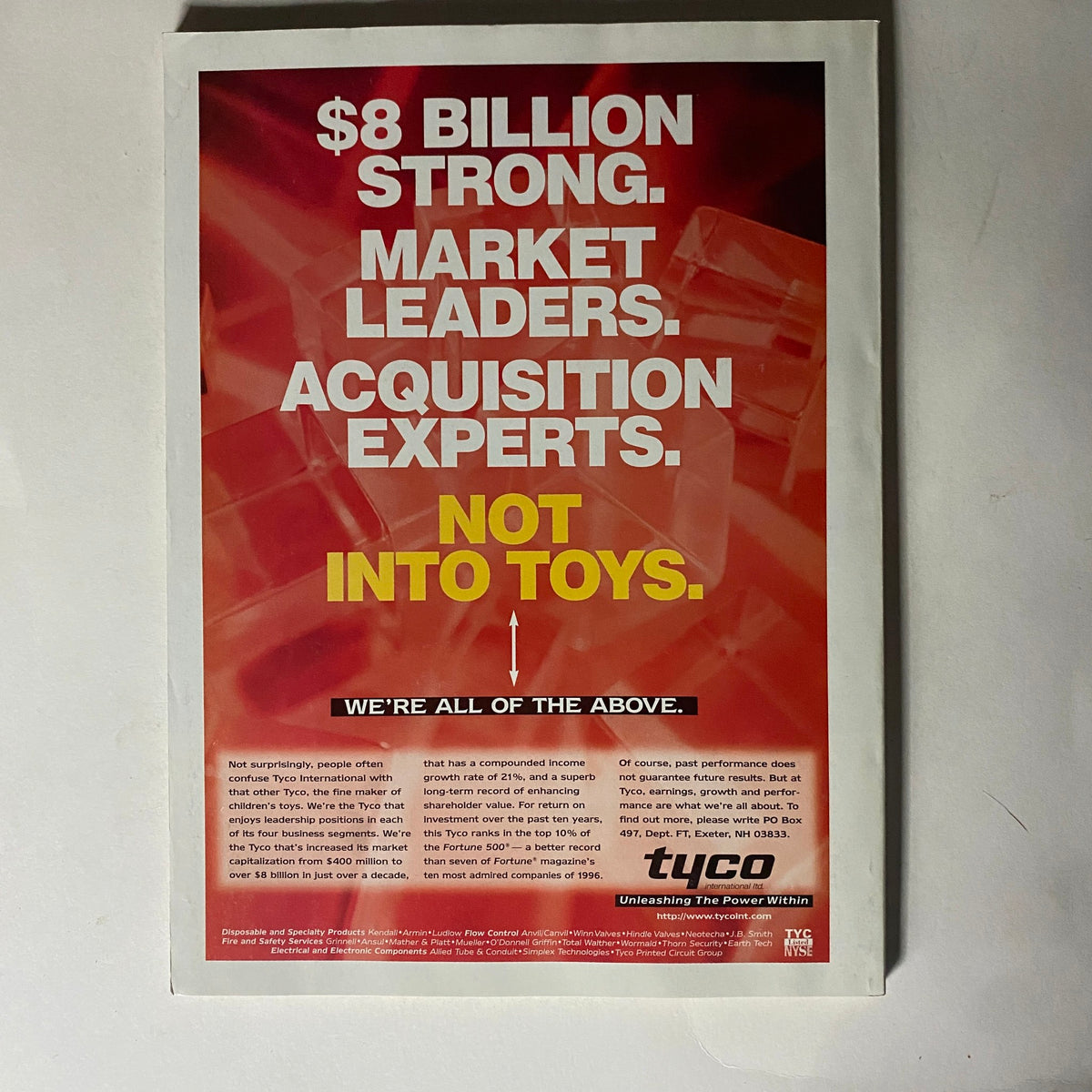 Advertisement page from Fortune Magazine, May 12, 1997 for Tyco International, promoting their business expertise and market leadership, emphasizing their financial strength.