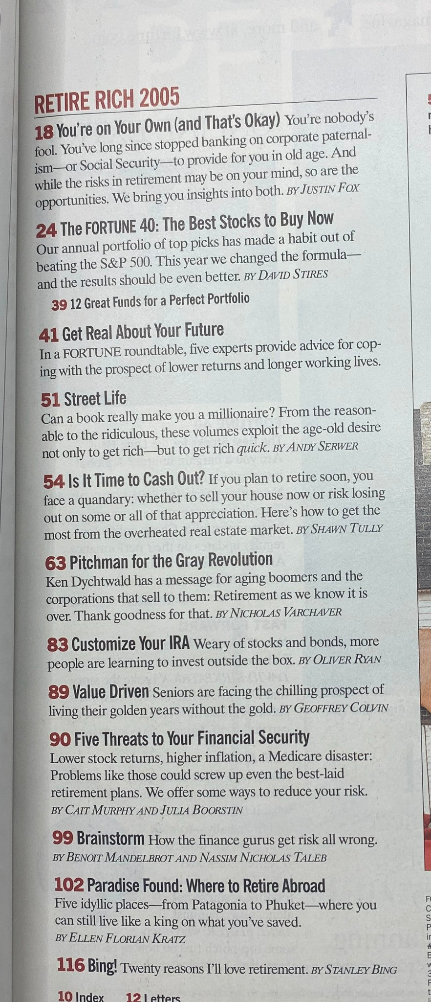 Page from Fortune Magazine, July 11, 2005, featuring articles including "You're on Your Own (and That's Okay)" and "The FORTUNE 40: The Best Stocks to Buy Now," highlighting financial planning insights.