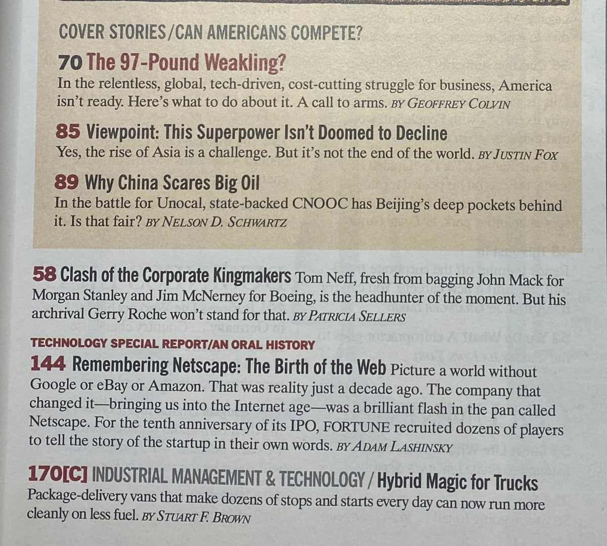 Fortune Magazine July 25, 2005 issue featuring the cover story 'The 97-Lb Weakling,' showcasing articles on competition in America and business insights.