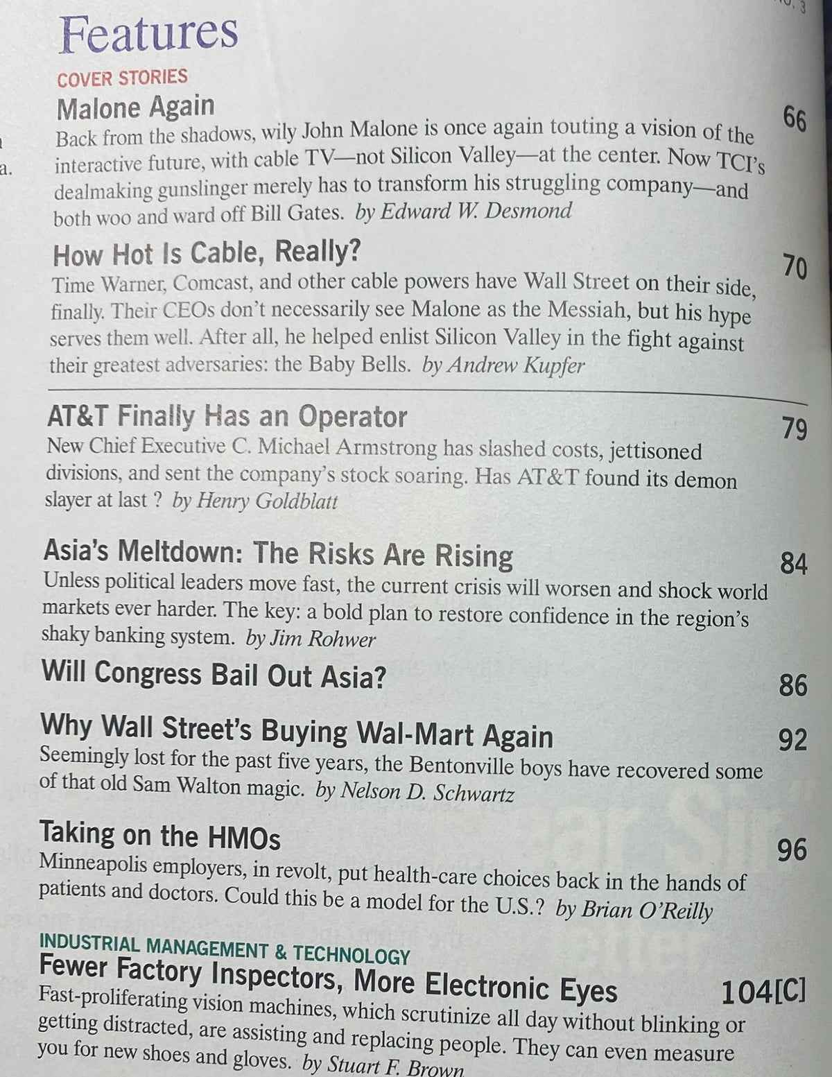 Table of contents from Fortune Magazine February 16, 1998, showcasing featured stories including 'Malone Again' and 'Asia’s Meltdown: The Risks Are Rising', providing insights into the cutting-edge discussions of the late 1990s.
