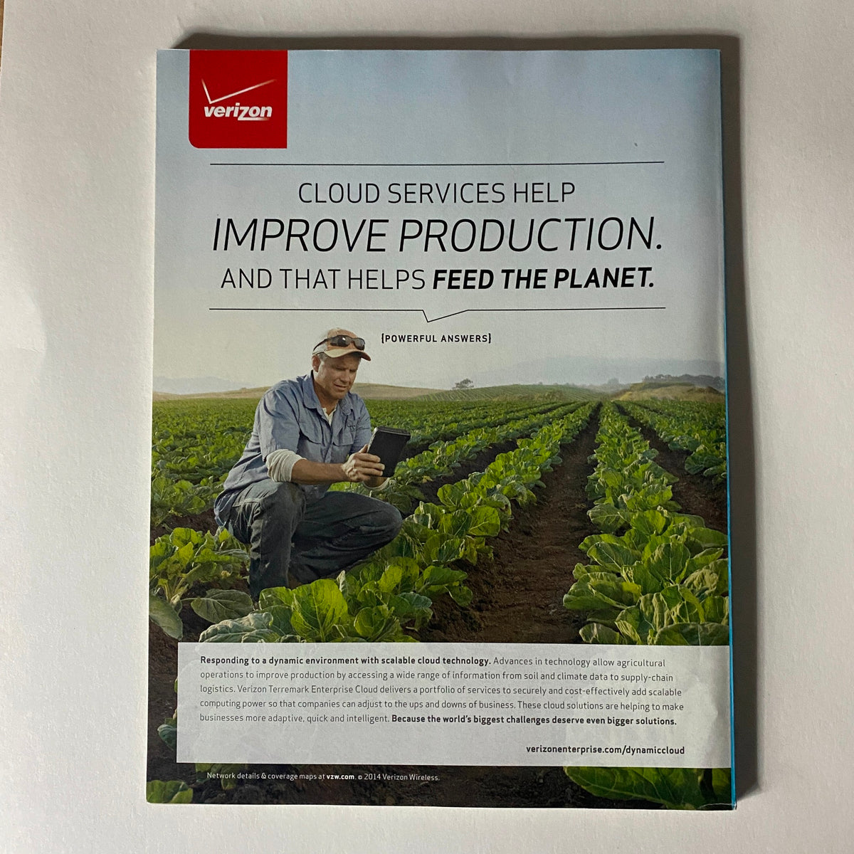Fortune Magazine February 3, 2014 back cover advertisement for Verizon Cloud Services focused on agricultural productivity.