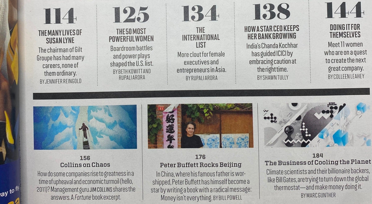 Contents page from Fortune Magazine October 17, 2011 including references to Jim Collins' article 'Collins on Chaos' and the feature on 'The 50 Most Powerful Women'.