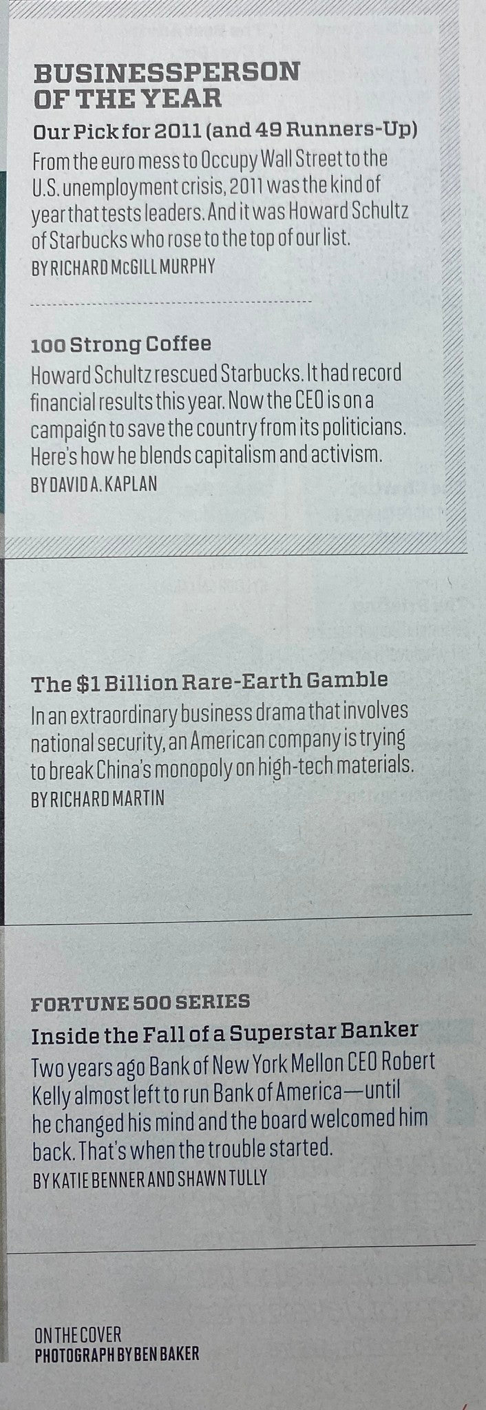 Interior page of Fortune Magazine highlighting the Business Person of the Year article on Howard Schultz and discussing his initiatives, including '100 Strong Coffee'.
