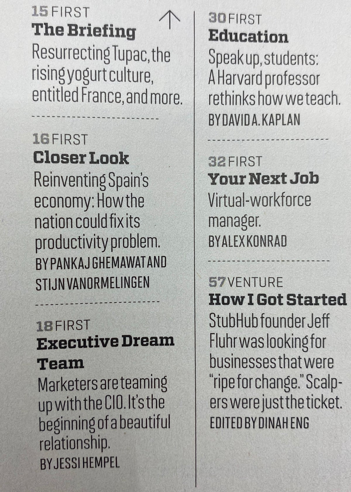 Inside page of Fortune Magazine July 23, 2012 showing articles including 'Resurrecting Tupac', 'Reinventing Spain's Economy', and 'Education' discussing various contemporary issues.