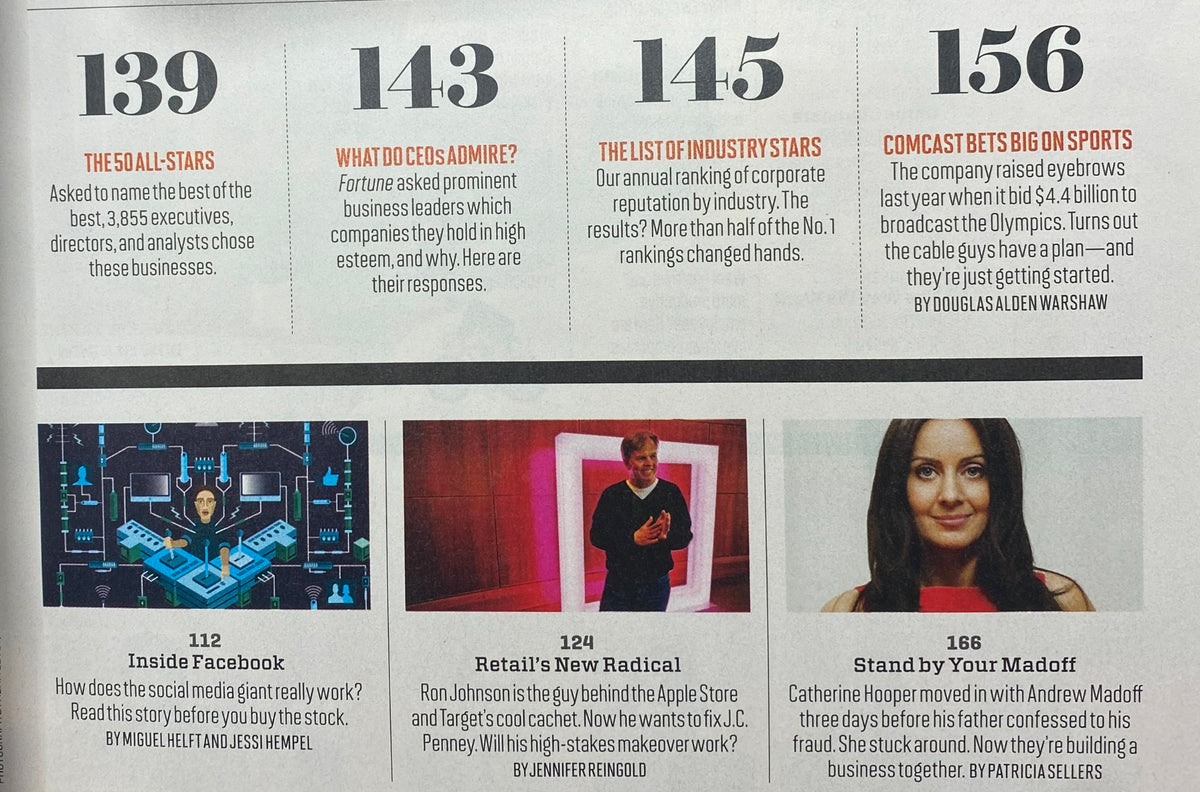 Interior spread of Fortune Magazine March 19, 2012 showcasing key articles, including 'Inside Facebook' and insights on top companies and their reputations.