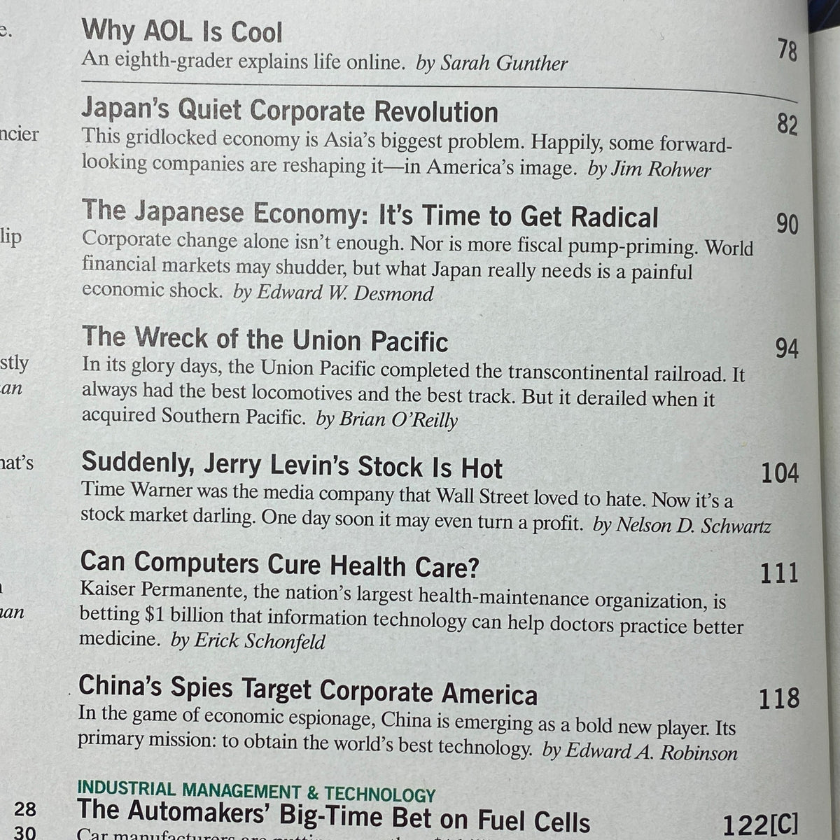 Inside page of Fortune Magazine, March 30, 1998, displaying article titles including 'Why AOL Is Cool' and 'Japan’s Quiet Corporate Revolution', reflecting the late 90s tech landscape.