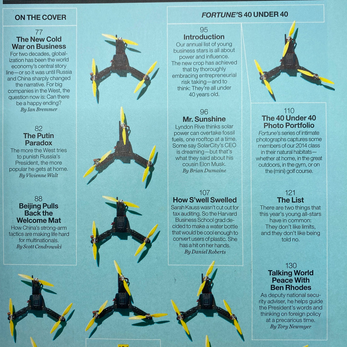 Contents page of Fortune Magazine from October 27, 2014, highlighting key articles including 'The New Cold War on Business' and 'Fortune’s 40 Under 40'.