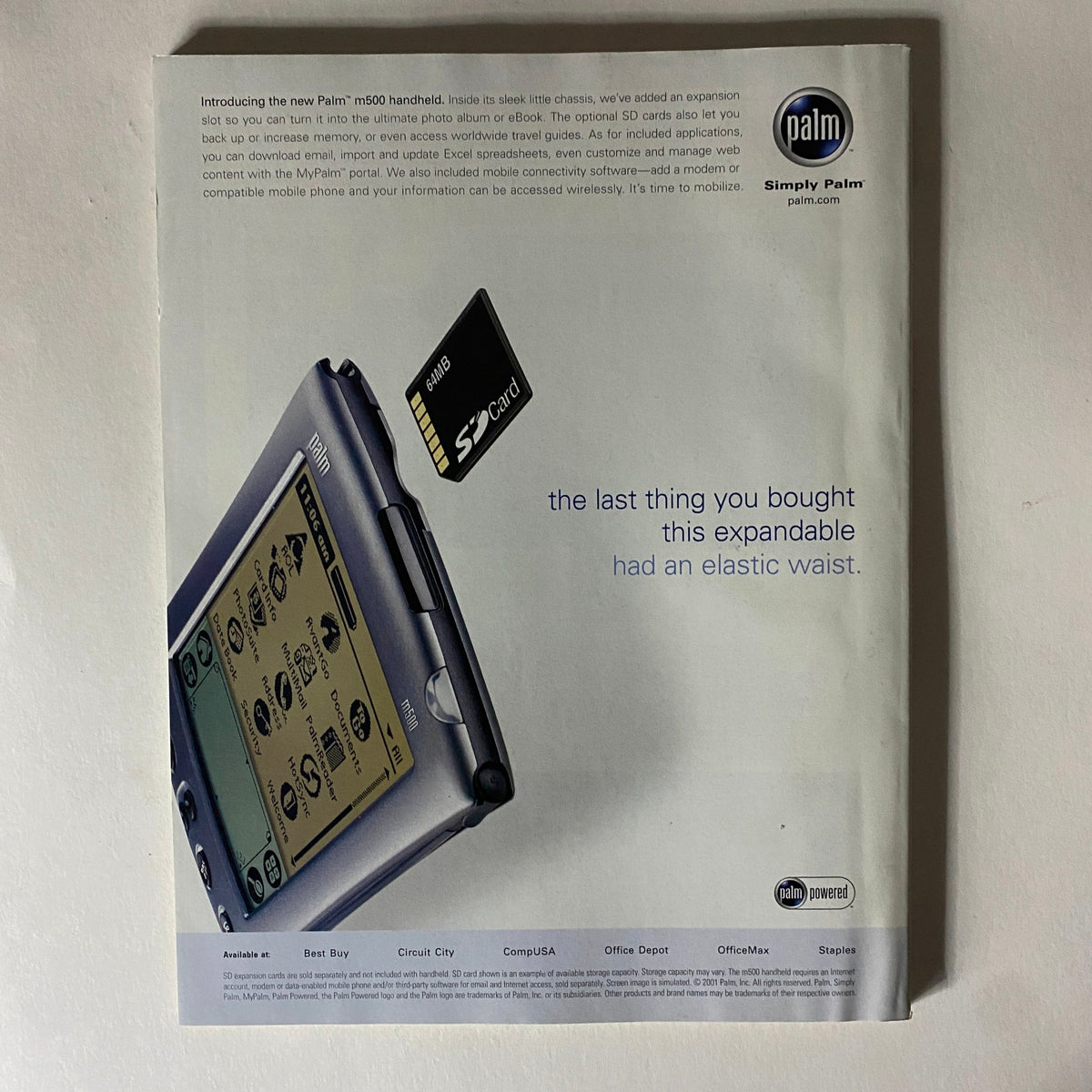Advertisement for Palm handheld device included in Fortune Magazine Summer 2001 Working Wireless Special Issue, showcasing a wireless technology product with a focus on convenience and practicality.