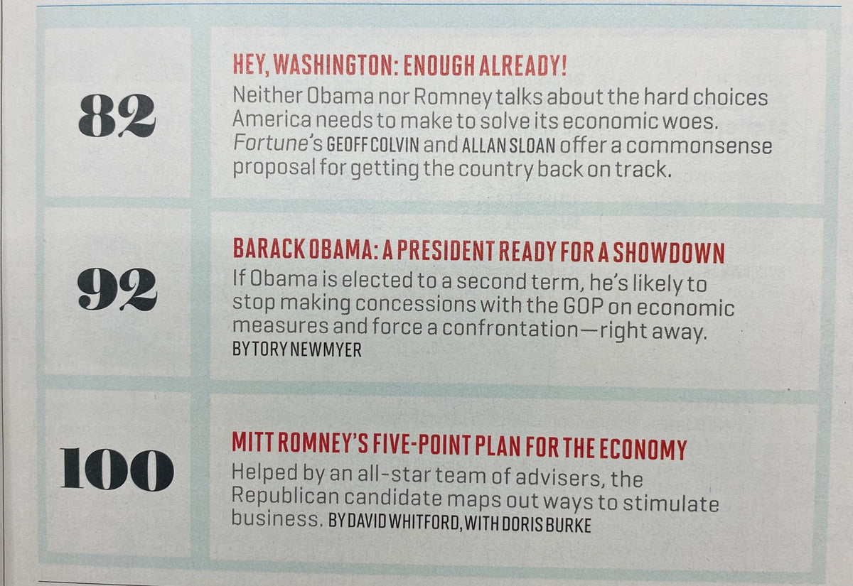 Inside pages of Fortune Magazine September 3, 2012 highlighting articles about Barack Obama and Mitt Romney's economic policies and political strategies, providing insight into the 2012 election.