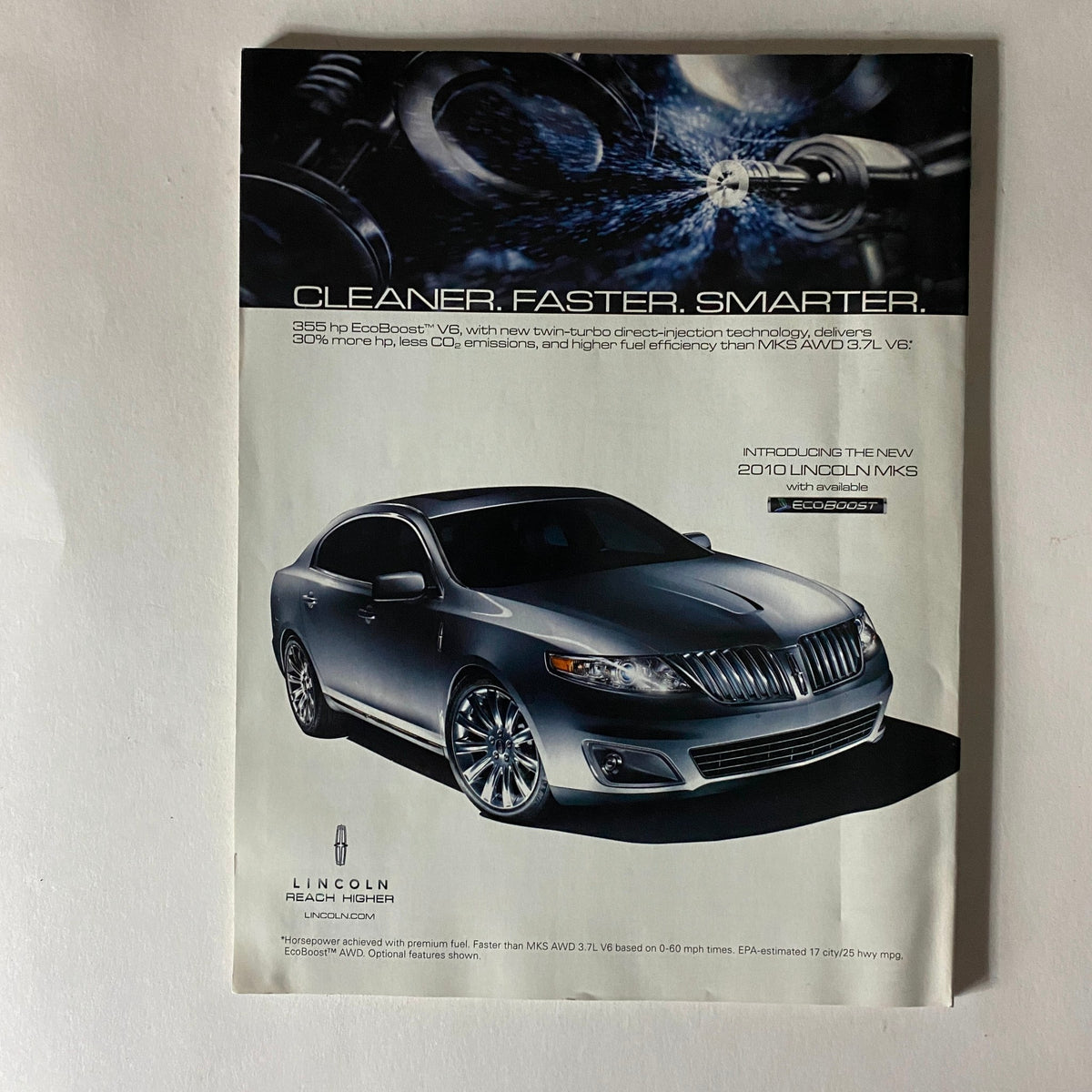 Fortune Magazine October 12, 2009 advertisement for Lincoln, presenting the 2010 Lincoln MKS as a cleaner, faster, and smarter vehicle with EcoBoost technology.