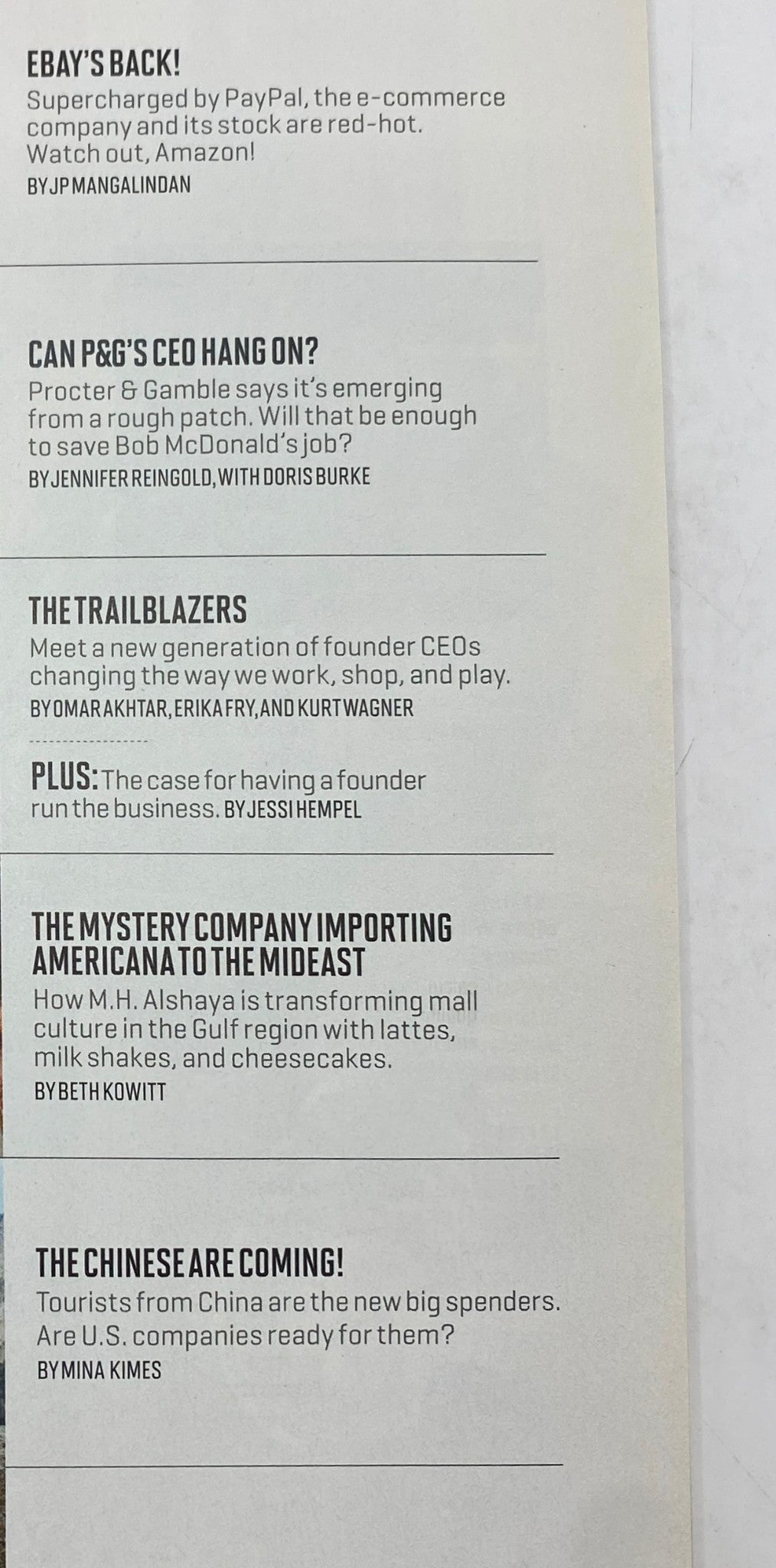 Inside page of Fortune Magazine February 25, 2013 highlighting key topics like 'EBAY’S BACK!', Procter & Gamble's challenges, and profiles on new generation CEOs.