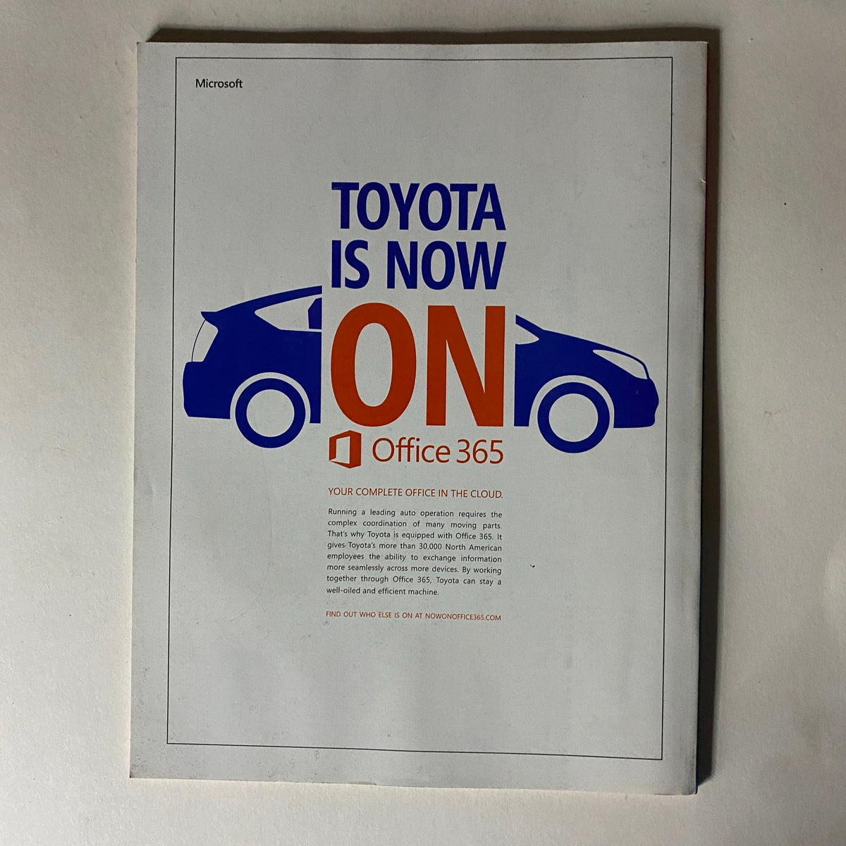Back cover of Fortune Magazine, April 8, 2013, featuring an advertisement for Toyota promoting Office 365, emphasizing modern office solutions.