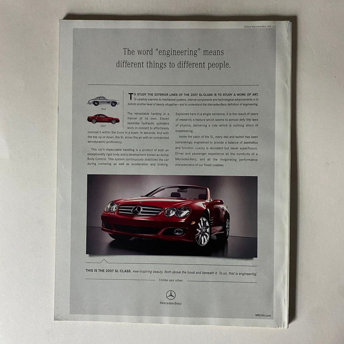 Advertisement page from Fortune Magazine, July 10, 2006, showcasing the Mercedes-Benz 2007 SL-Class, emphasizing design and engineering.