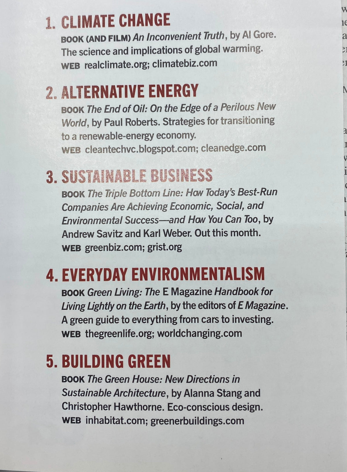 Inside page of Fortune Magazine August 7, 2006, showcasing sustainability-related book recommendations and topics including climate change, alternative energy, and sustainable business practices.