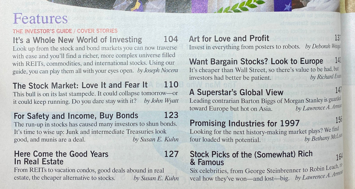 Fortune Magazine December 23, 1996, Investor's Guide 1997, features compelling investment strategies, including articles on stocks and bonds, and an overview of the magazine's notable cover stories.
