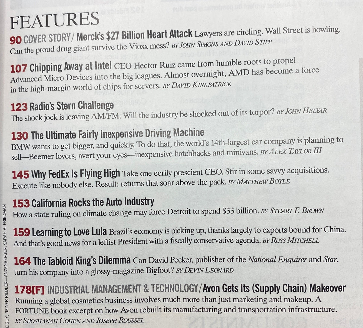 Interior page of Fortune Magazine from November 1, 2004, showcasing the features section including articles related to Merck's $27 Billion Heart Attack, economic insights, and corporate accountability issues.