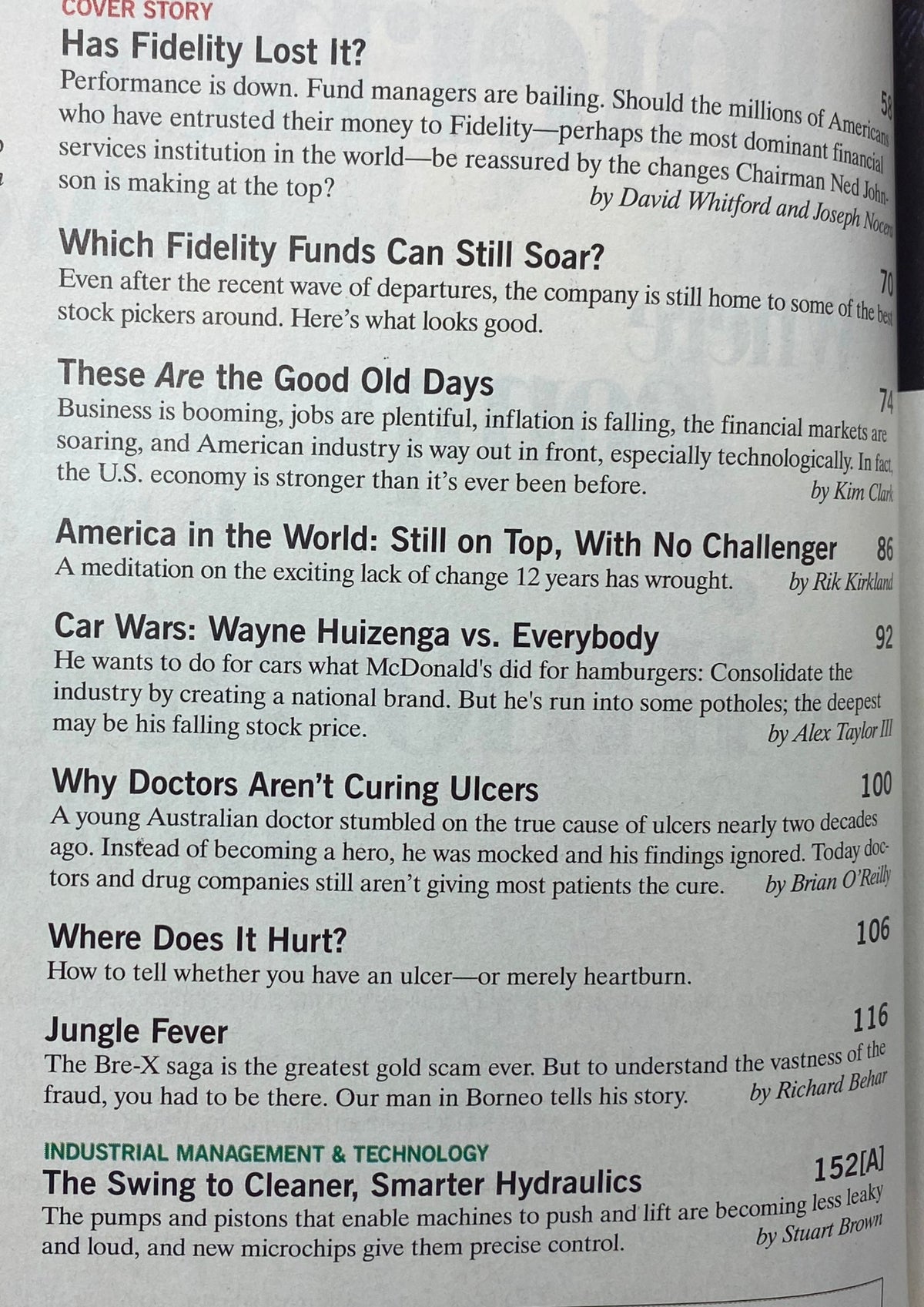 Table of contents from Fortune Magazine, June 9, 1997, highlighting key articles, including the cover story on Fidelity and its CEO Ned Johnson.