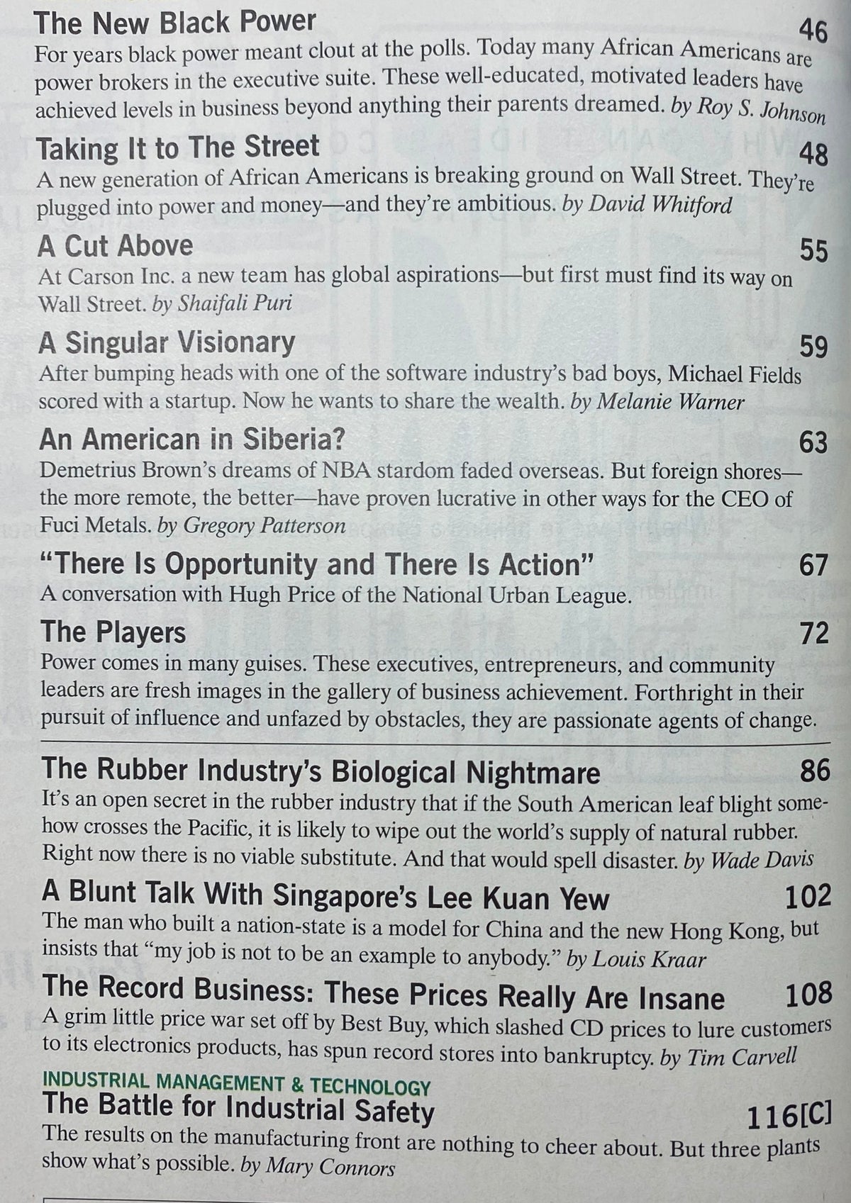 Table of contents from Fortune Magazine August 4, 1997, featuring articles on 'The New Black Power,' corporate leadership, and influential business figures.