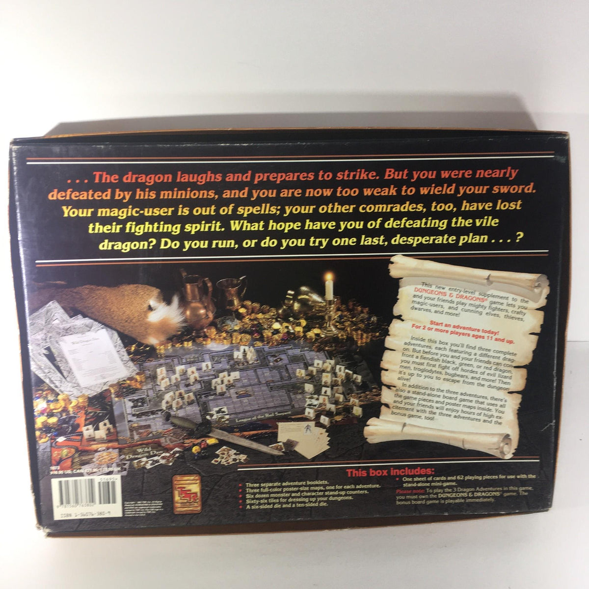Back of the box for TSR Board Game: Dungeons & Dragons Game The Dragon's Den, detailing the game setup and story introduction.