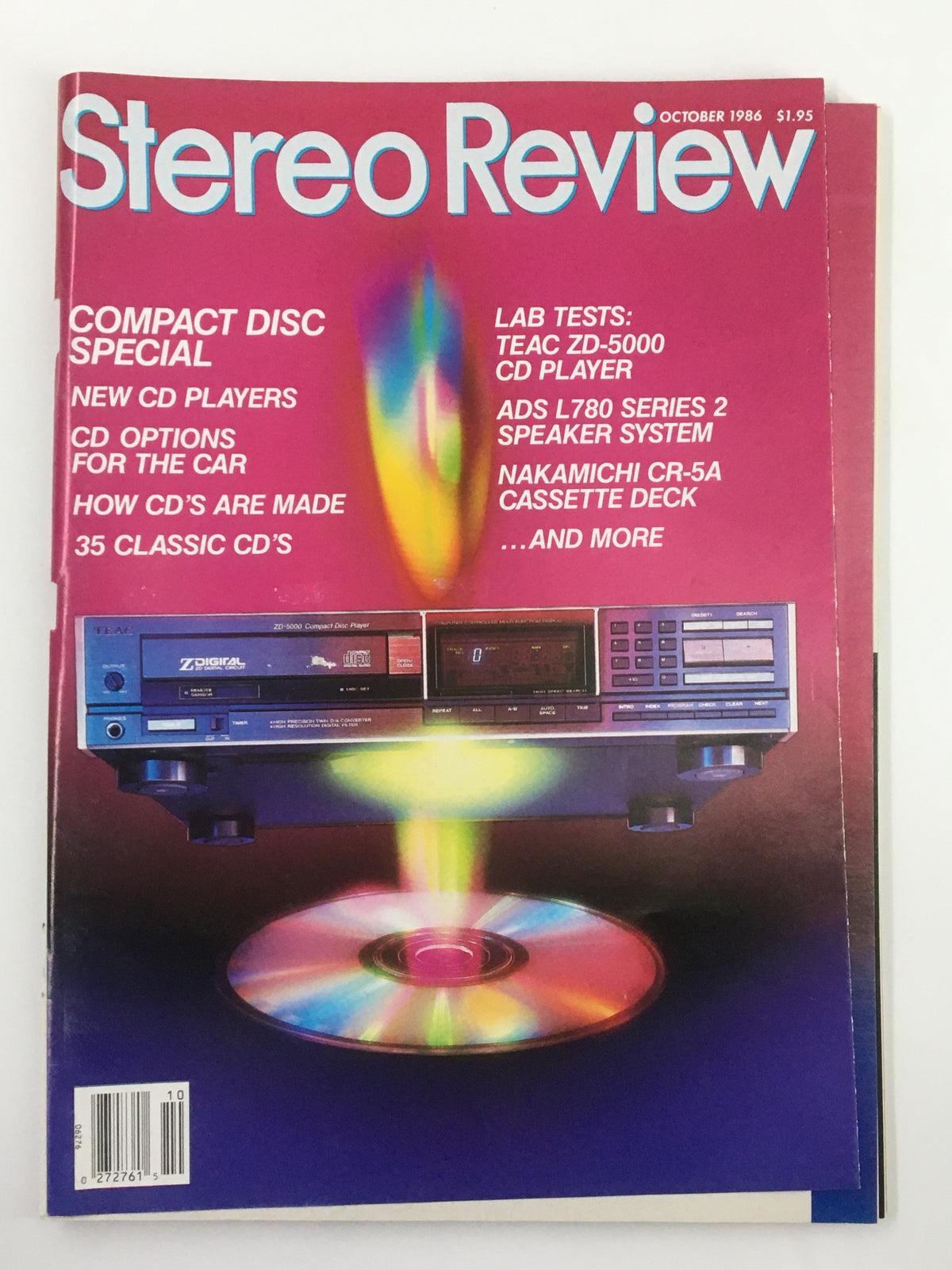 Cover of the October 1986 Stereo Review Magazine featuring a review of the Teac XD-5000 CD Player, showcasing vibrant design with a compact disc and colorful graphics. This issue highlights advancements in audio technology.