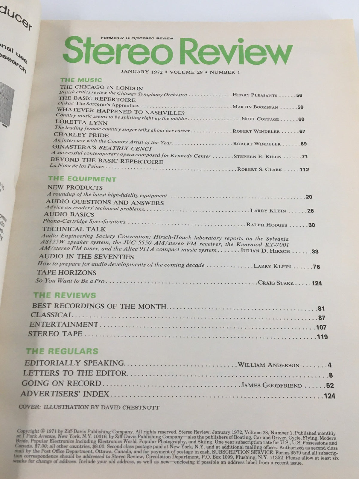 Inside page of the VTG Stereo Review Magazine January 1972 listing articles and features from the magazine.