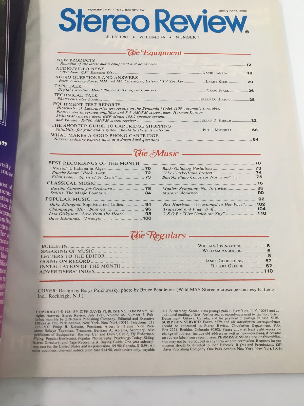 Contents page of the July 1981 Stereo Review Magazine listing articles on new audio products, equipment test reports, and music recommendations.