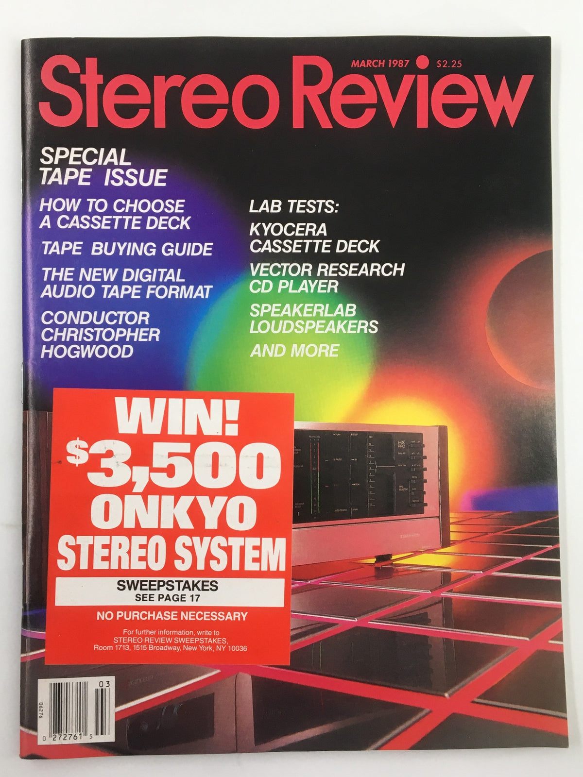 Cover of 'VTG Stereo Review Magazine March 1987 Kyocera Cassette Deck Lab Tests No Label', highlighting a special tape issue featuring lab tests of the Kyocera cassette deck, with a bright and colorful background.
