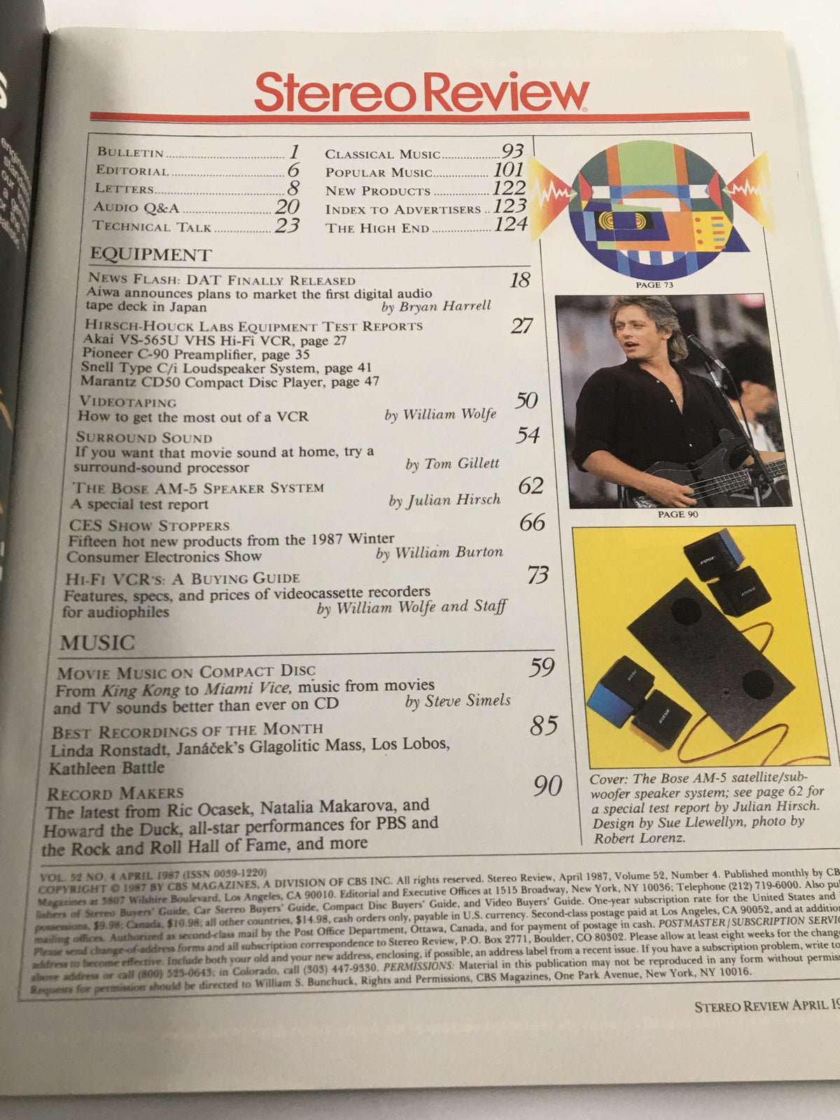 Inside page of VTG Stereo Review Magazine April 1987 displaying the table of contents, highlighting articles on equipment, music reviews, and a buying guide to Hi-Fi VCRs.