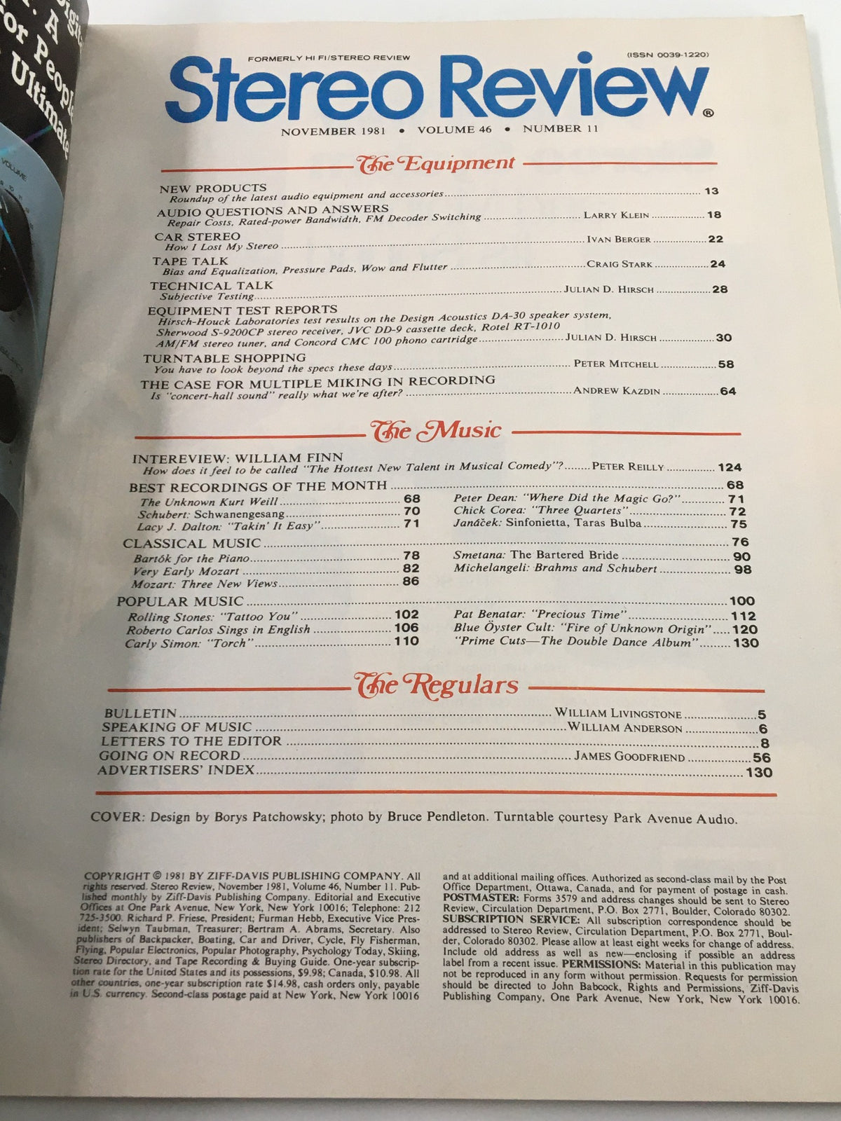 Interior page of the Vintage Stereo Review Magazine November 1981 listing articles including 'The Case for Multiple Miking' and various equipment test reports.