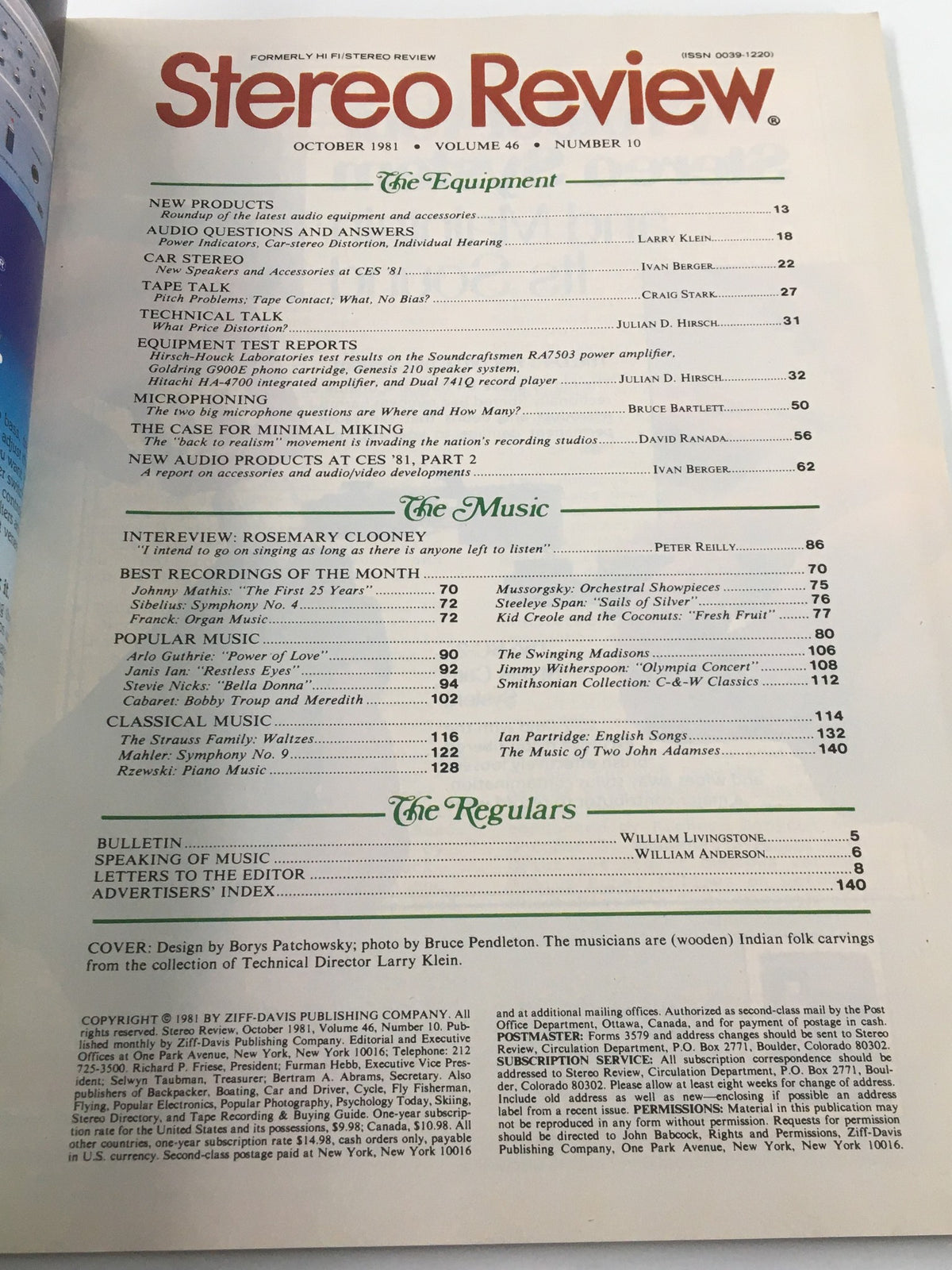 Table of contents from VTG Stereo Review Magazine October 1981, listing articles and features including the interview with Rosemary Clooney.