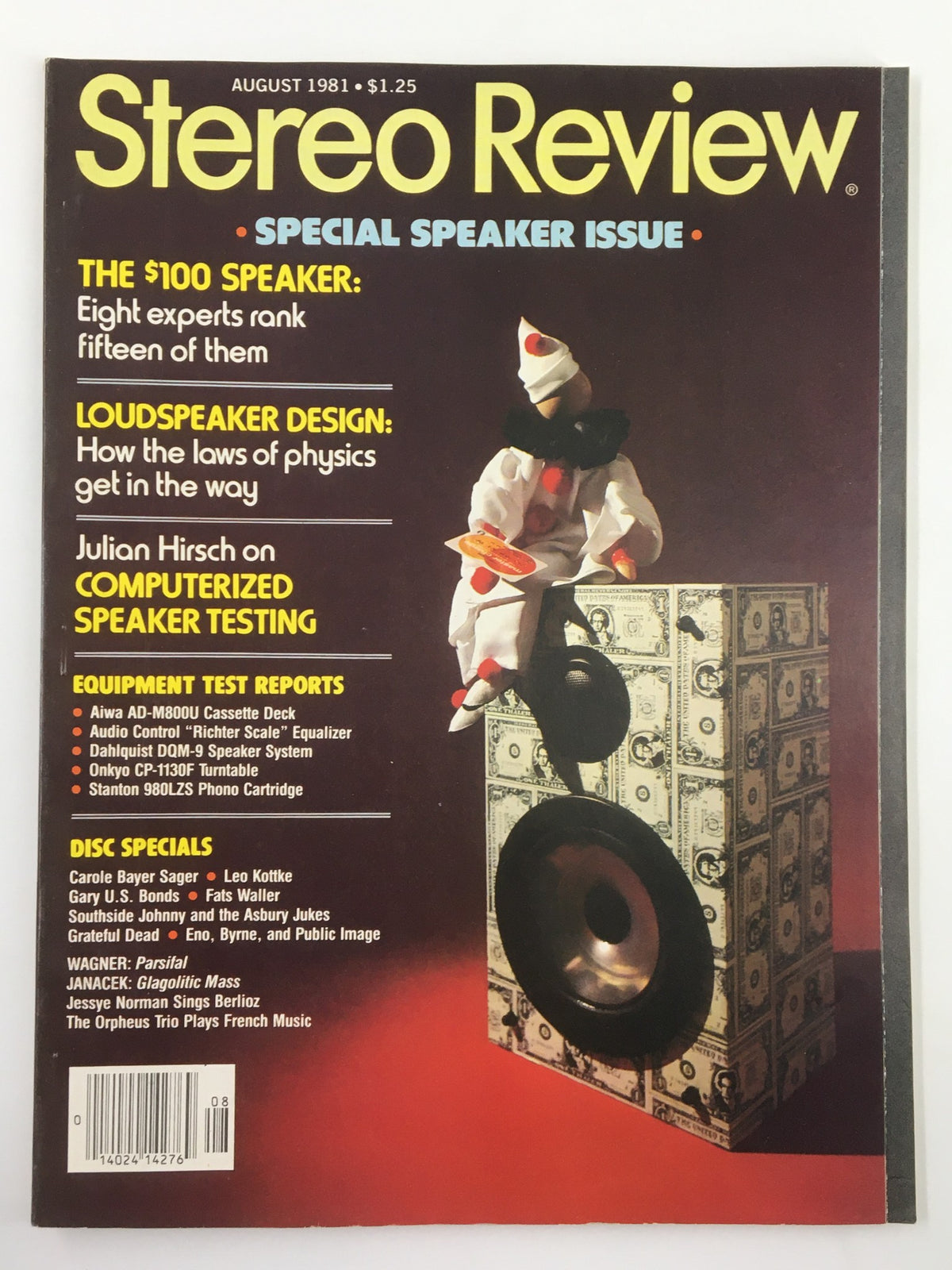 Cover of the August 1981 edition of Stereo Review Magazine, titled 'VTG Stereo Review Magazine August 1981 Computerized Speaker Testing No Label,' featuring a clown figurine beside a speaker adorned with dollar bills, highlighting special topics like computerized speaker testing.