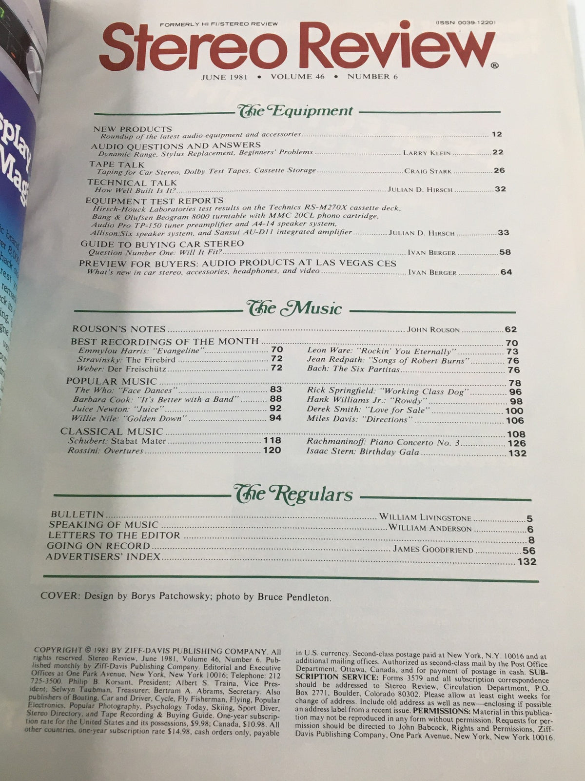 Interior page of the Vintage Stereo Review Magazine June 1981, featuring the table of contents and sections about audio equipment and music. Highlights include articles by Ivan Berger and reviews of the latest audio technology, illustrating the magazine's focus on sound systems and trends from that era.