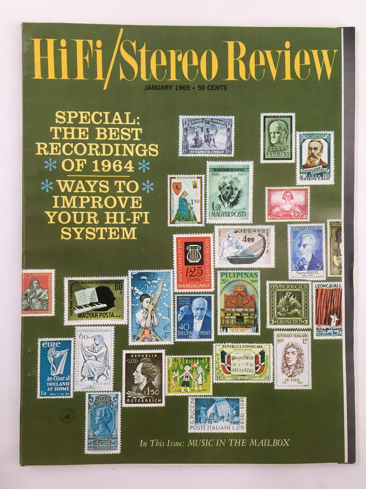 Cover of VTG HiFi/Stereo Review Magazine January 1965 featuring special articles on the best recordings of 1964 and ways to improve your Hi-Fi system, adorned with vintage postage stamps.