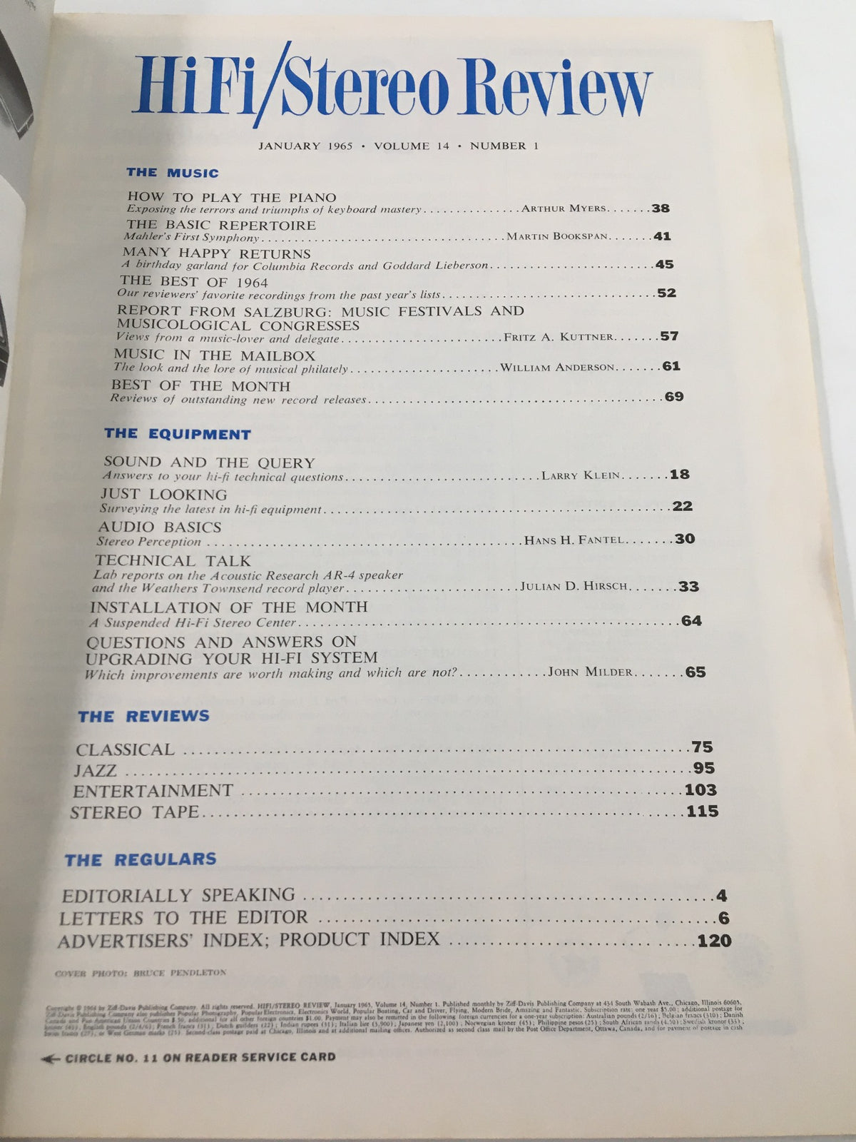 Inside page of VTG HiFi/Stereo Review Magazine January 1965 displaying the table of contents, highlighting musical articles and equipment reviews, capturing the essence of audio technology in the 1960s.