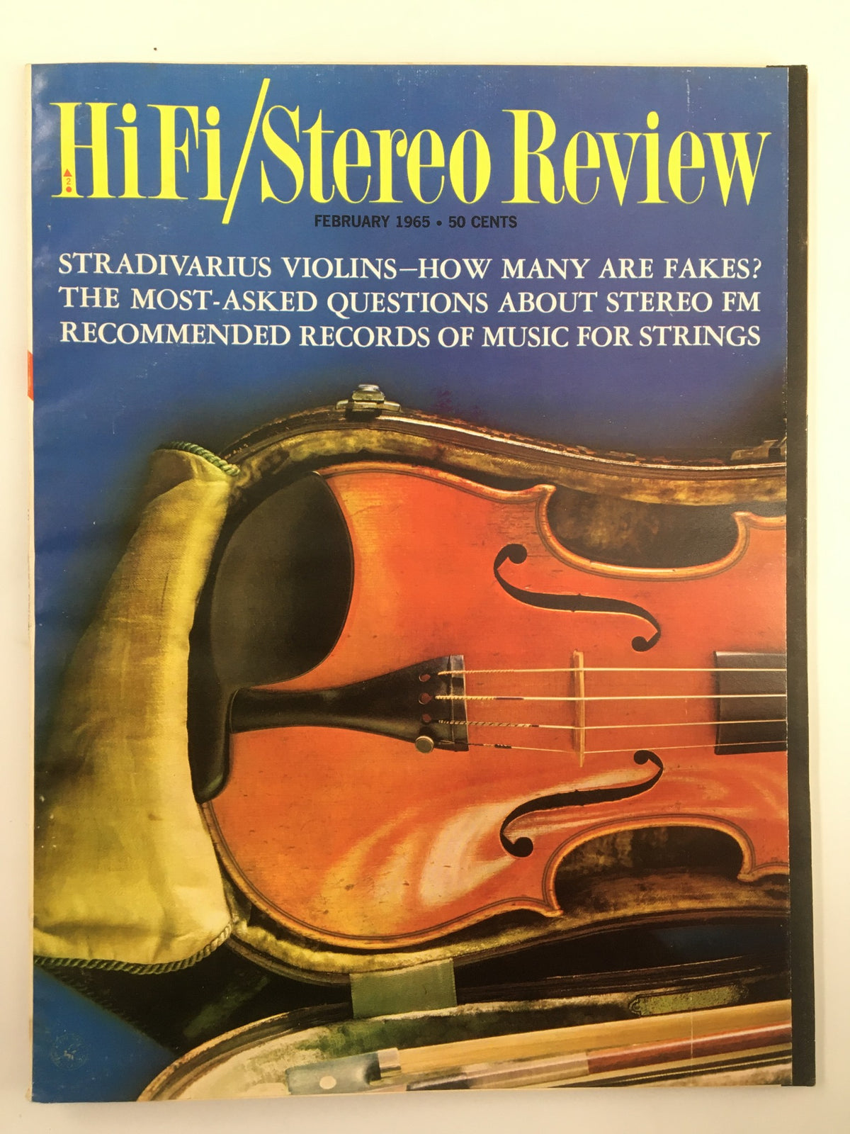 Cover of the VTG HiFi/Stereo Review Magazine from February 1965, featuring a Stradivarius violin and articles on audio technology for music enthusiasts.