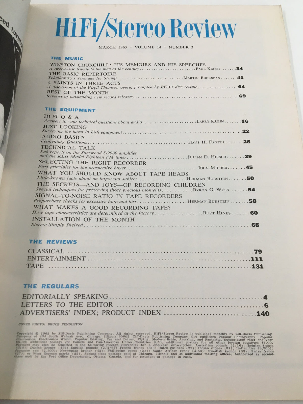 Table of contents from the March 1965 issue of VTG HiFi/Stereo Review Magazine, highlighting articles on audio equipment and tape recorders.