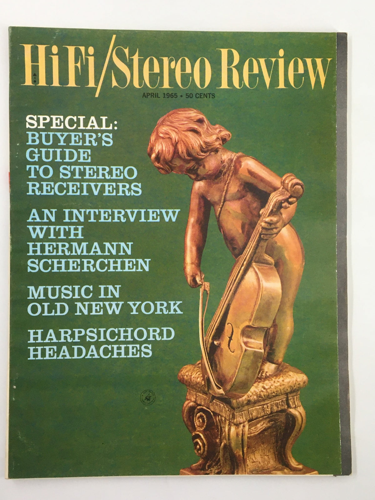 VTG HiFi/Stereo Review Magazine April 1965 featuring a statue on the cover. Includes special buyer's guide to stereo receivers, interview with Hermann Scherchen, and articles on music history.